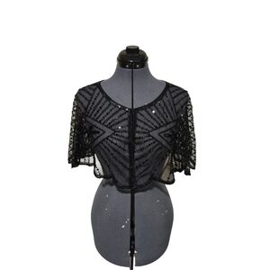 VINTAGE 1920s STYLE BLACK BEADED SEQUIN FLAPPER CAPELET SHAWL TOP One Size fit a